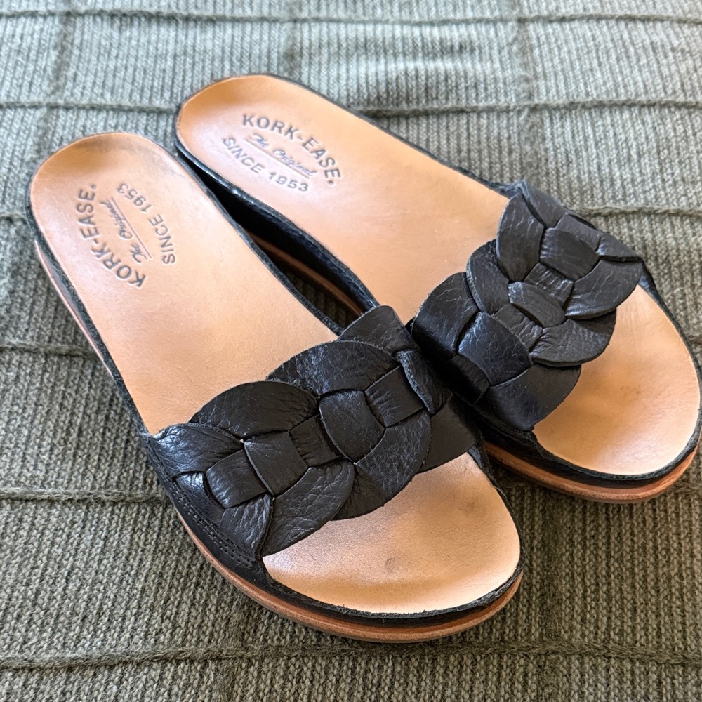 Kork-Ease Black Braided Leather Slide Sandals